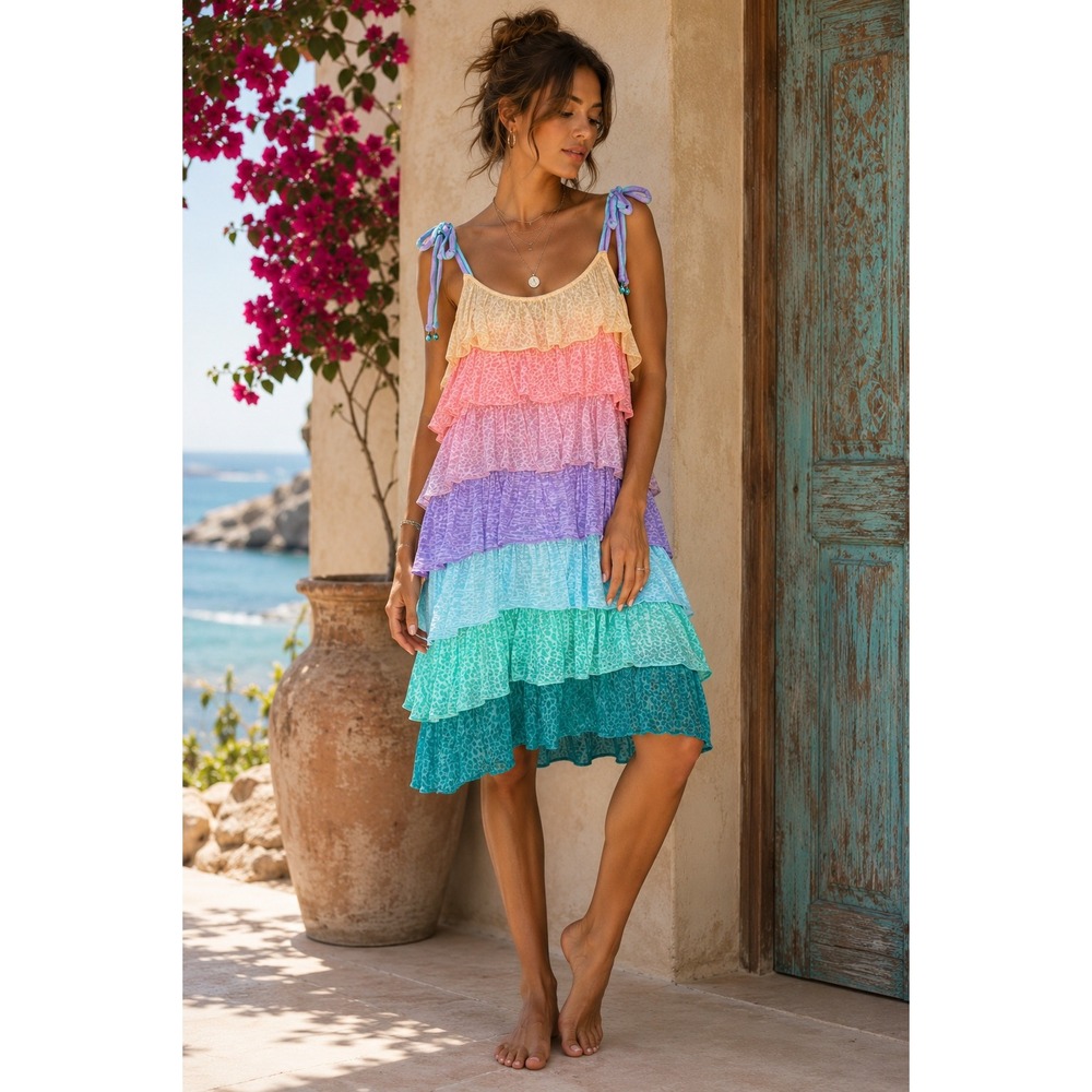 Pitusa Rainbow Ruffle Tiered Dress Pastel Ombre Beach Cover Up Boho